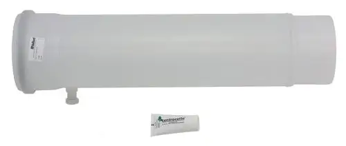 Vaillant Verbindungselement aus weißem Kunststoff, zylindrisch, mit seitlichem Anschluss und einem kleinen Tubeninhalt im Vordergrund.